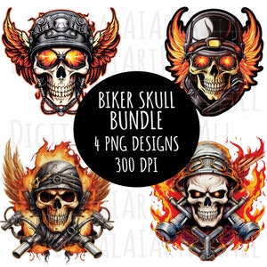 Bundle of 4 Flaming Winged Biker Skulls, Instant Download Digital Graphics, DTG/Sublimation Printing, T-Shirt Design, PNG Files