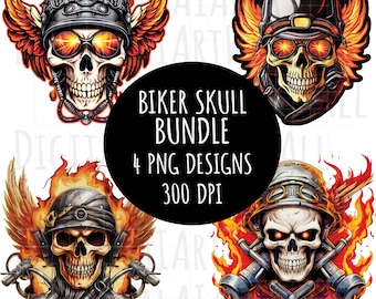 Bundle of 4 Flaming Winged Biker Skulls, Instant Download Digital Graphics, DTG/Sublimation Printing, T-Shirt Design, PNG Files