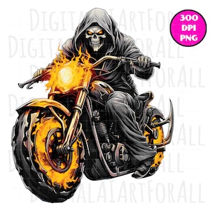 Calavera de la Parca sobre una motocicleta en llamas, gráficos digitales de descarga instantánea, impresión DTG/sublimación, diseño de camisetas, archivo PNG prediseñado