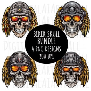 Bundle of 4 Winged Biker Skulls with Helmets, Instant Download Digital Graphics, DTG/Sublimation Printing, T-Shirt Design, PNG Files
