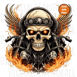 アウトローバイカースカル、燃える翼、即時ダウンロード、デジタルグラフィック、DTG/昇華印刷、Tシャツデザイン、クリップアートPNGファイル