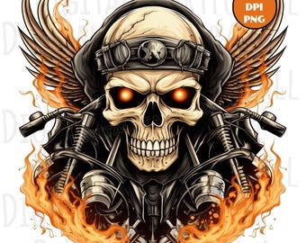 Teschio da motociclista fuorilegge, ali fiammeggianti, download immediato, grafica digitale, stampa DTG/sublimazione, design per maglietta, file clipart PNG