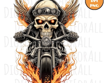 Teschio da motociclista fuorilegge, ali fiammeggianti, download immediato, grafica digitale, stampa DTG/sublimazione, design per maglietta, file clipart PNG