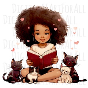 Aquarell Cartoon Schwarzes Mädchen Lesung Kätzchen PNG | Sofortiger Download, Digitale Grafiken, DTG/Sublimationsdruck, T-Shirt-Design, Clipart