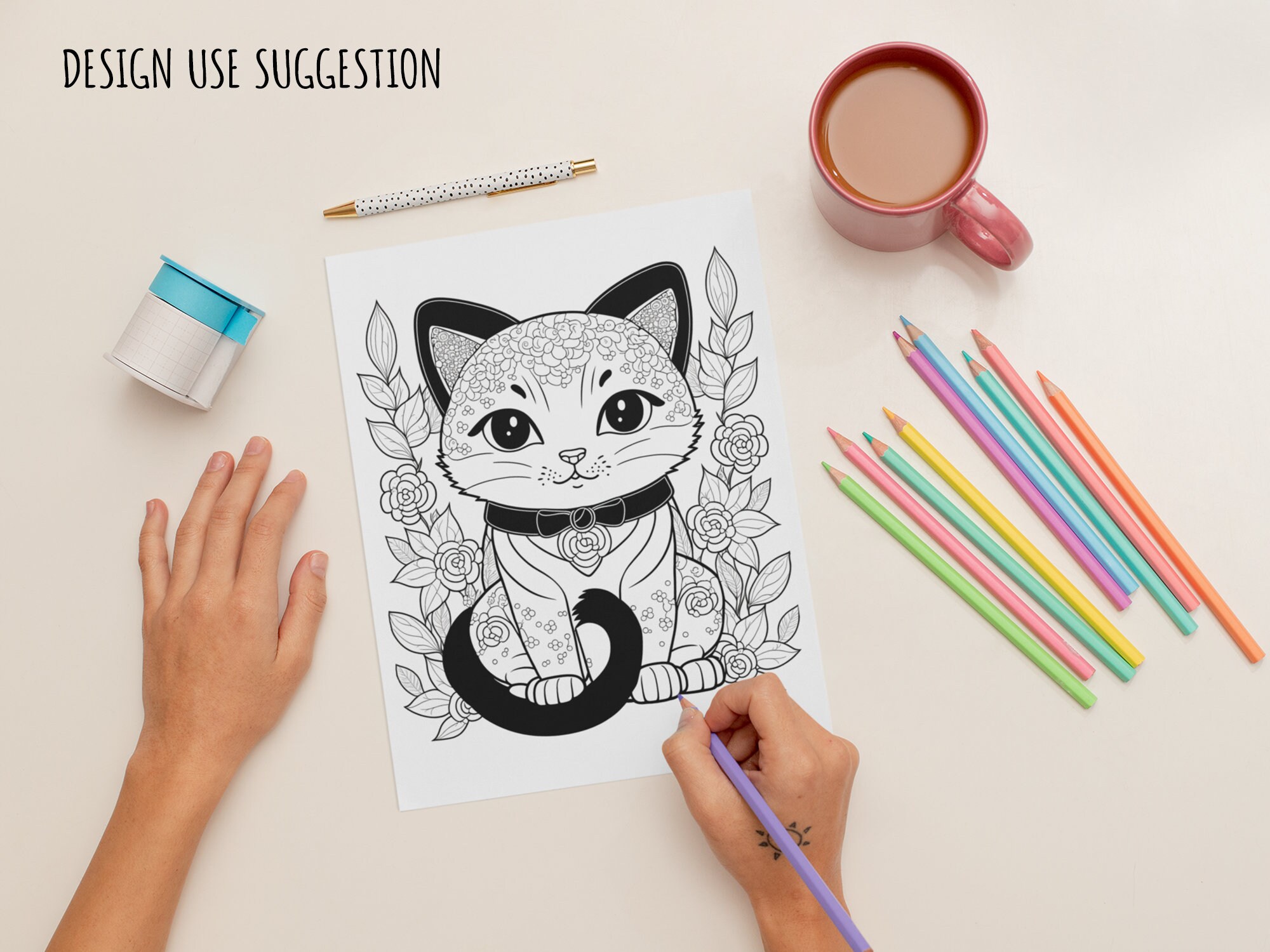 Chibi Cat Coloring Book Page/poster, Digital Graphics, Sublimation