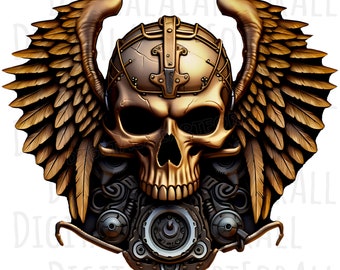 Golden Steampunk Gothic Winged Human Skull Instant Download, Digital Graphics, DTG/Sublimation Printing, T-Shirt Design, Clipart PNG File