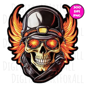 Biker Skull, Human Skull, Winged, Flaming, Instant Download, Digital Graphics, DTG/Sublimation Printing, T-Shirt Design, Clipart PNG File