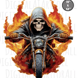 Flaming Motorcycle Grim Reaper Skull, Instant Download, Digital Graphics, DTG/Sublimation Printing, T-Shirt Design, Clipart PNG File