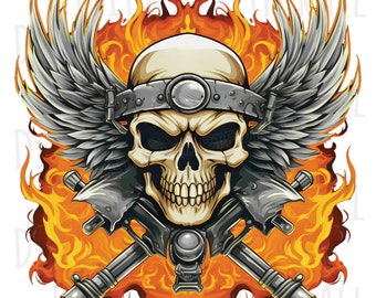 Teschio da motociclista, teschio umano, alato, fiammeggiante / Download immediato, grafica digitale, stampa DTG/sublimazione, design per maglietta, file clipart PNG
