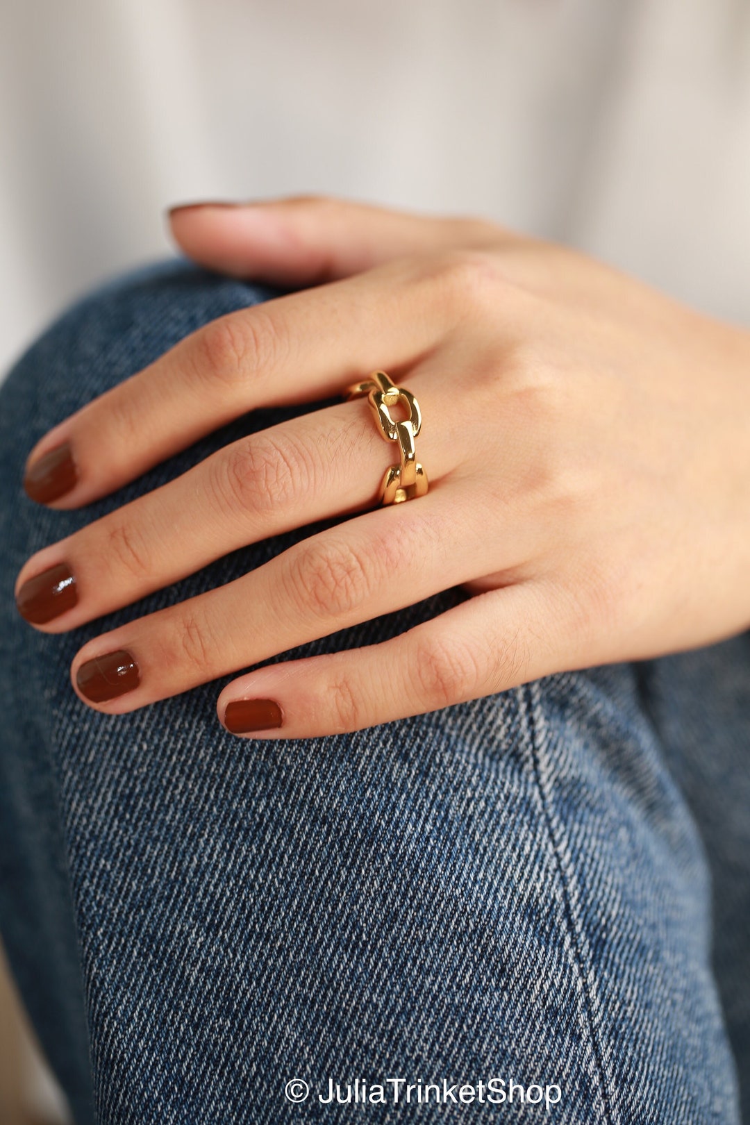 Gold Bold Chain Ring, Square Chain Ring, Dainty Gold Ring, Minimalistic