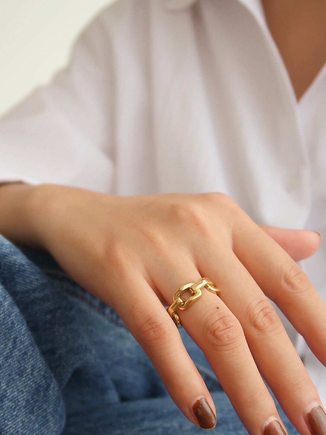 Gold Bold Chain Ring Square Chain Ring Dainty Gold Ring Etsy