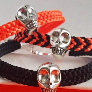 Halloween Bracelet, hand-woven flat braid in black, orange or mixed with a silver skull bead charm and matching strong hook clasp, 7 sizes!