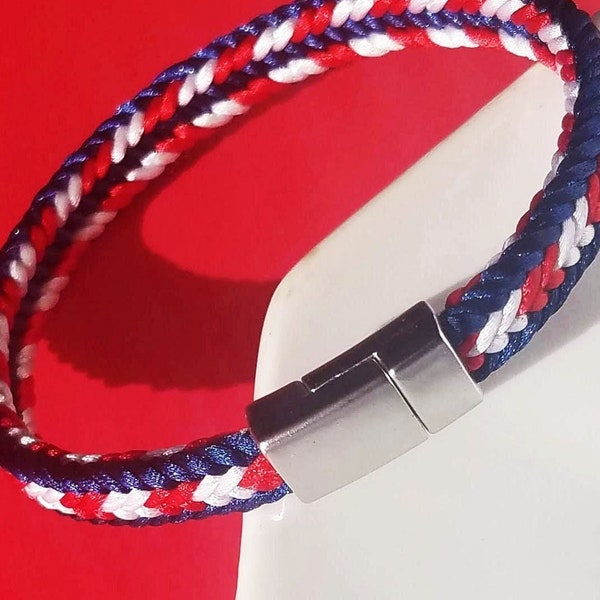 Memorial Day bracelet in USA flag colors red white and blue, hand-woven satin thread with a matte-silver magnetic clasp, 7 sizes available!