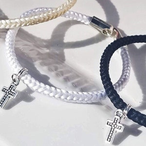 Cross charm bracelet, hand-woven satin thread in white, ivory, black or custom color w/ a silver dotted cross charm and hook clasp. 7 sizes!
