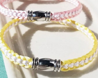 Pastel Custom Summer Bracelets: Handmade in satin thread w/ a magnetic silver-plated accent clasp. White with edging in ivory yellow or pink