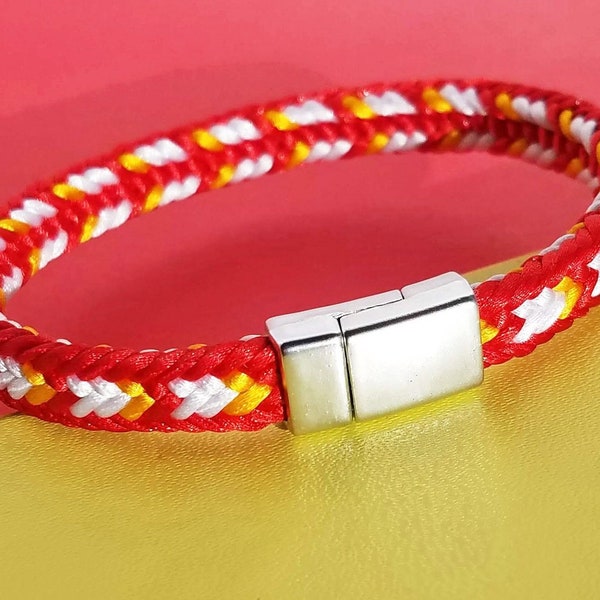 Kansas City bracelet, Chiefs bracelet, hand-woven satin thread trapezoid braid w/ matte-silver strong magnetic clasp. 7 sizes, custom colors