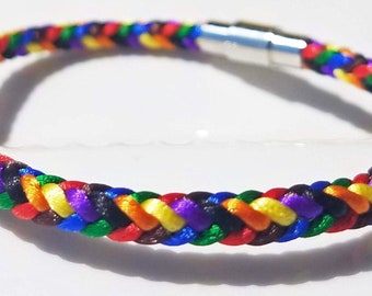 LGBTQ Pride bracelet, hand-woven satin thread square braid in Pride flag colors with a silver lobster or magnetic clasp. 7 sizes available!
