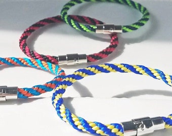 School Colors Sports Team Bracelet: Hand-woven satin thread in your team colors with a silver magnetic/pin clasp. Choose Two from 28 Colors.
