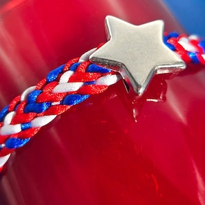 Patriotic Braided Bracelet: Red White Blue American Flag Colors, Silver Star
