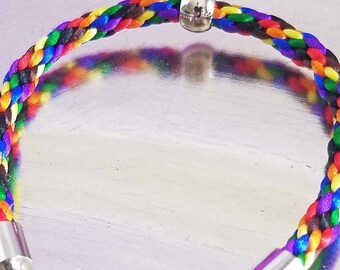 LGBTQ Pride bracelet, hand-braided satin thread in mix of LGBTQ Pride flag colors, with or without a round silver bead & adjustable clasp.
