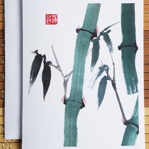 Chinees schilderij wenskaarten in groen bamboe handgeschilderd ontwerp. In kleur bedrukte notitiekaarten blanco van binnen. Briefpapierset van 8 met enveloppen