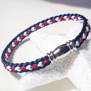 USA 4th of July Independence Day Bracelet: Hand-woven flat braid satin thread in red white and blue color with a silver-plated accent clasp. image 2