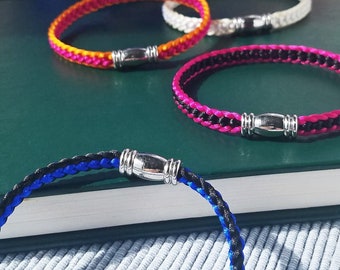 Back to School Bracelet: Hand-woven satin thread flat braid with a silver-plated magnetic accent clasp. Choose 2 out of 28 colors available.