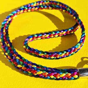 LGBTQ Pride lanyard keychain, Pride wristlet keychain, hand-woven in Pride flag colors, silver end cap with key ring and lobster clasp hook