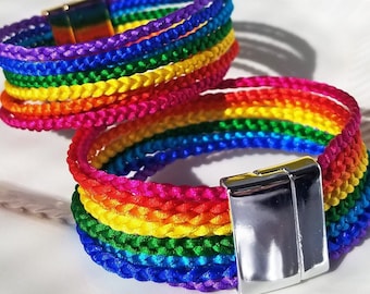 Pulsera del Orgullo con los colores de la bandera LGBTQ, tejida a mano con hilo de satén, cierre magnético, tallas personalizadas