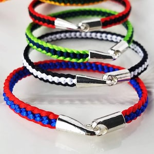 Baseball Team bracelet in custom colors, hand-woven satin thread flat braid in two colors with a silver hook clasp. Choose 2 from 28 colors!