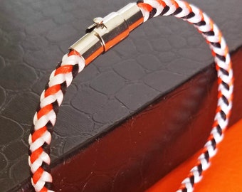 Cincinnati football bracelet, Bengals bracelet, hand-woven in orange black white, silver magnetic/pin OR lobster hook clasp. Custom colors!
