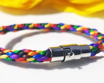Pride month bracelet, LGBTQ bracelet, hand-braided satin thread in rainbow Pride flag colors with a silver magnetic pin clasp 6 sizes!