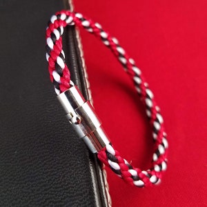 Cincinnati Sports Bracelet : Hand-Braided in red, white & black satin thread with a silver magnetic/pin clasp!(message me for custom colors)