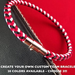 Sports team bracelet, team bracelet in 3 custom colors, square braid with silver magnetic-pin clasp or lobster clasp. 7 sizes & 28 colors!