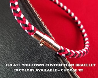 Sports Team Bracelet in 3 custom colors, hand-woven satin thread square braid, silver magnetic clasp w/ pin. 7 sizes & 28 colors available!