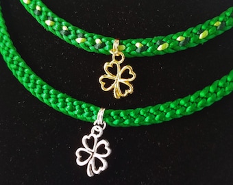 St. Patrick's Day necklace, hand-woven satin thread flat braid in green or green mix with a gold or silver clover charm and adjustable clasp