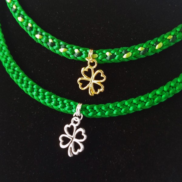 St. Patrick's Day necklace, hand-woven satin thread flat braid in green or green mix with a gold or silver clover charm and adjustable clasp
