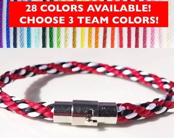 Sports team bracelet in 3 custom colors, hand-woven satin thread with a silver magnetic-pin clasp. Choose one primary color and 2 secondary