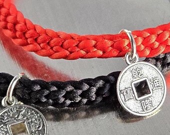 Chinese New Year Bracelet: Handwoven Coin Charm, Adjustable Clasp