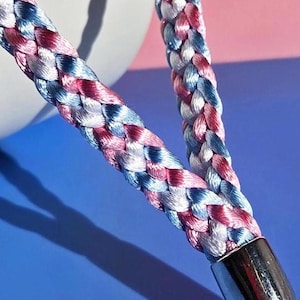 Transgender keychain, LGBTQ Trans lanyard, woven in Pride flag colors pink, light blue & white w/ silver end cap key ring and lobster clasp.