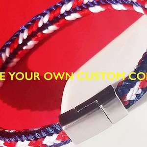 Sports team bracelet, baseball team bracelet in 3 custom colors, satin thread braid with silver strong magnetic clasp. 7 sizes & 28 colors!
