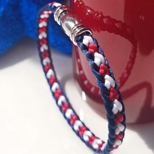 USA 4th of July Independence Day Bracelet: Hand-woven flat braid satin thread in red white and blue color with a silver-plated accent clasp. image 3