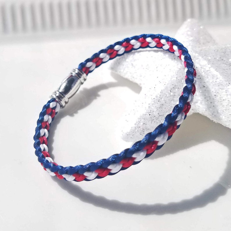 USA 4th of July Independence Day Bracelet: Hand-woven flat braid satin thread in red white and blue color with a silver-plated accent clasp. image 7