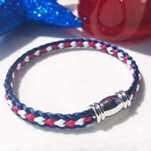 USA 4th of July Independence Day Bracelet: Hand-woven flat braid satin thread in red white and blue color with a silver-plated accent clasp. image 8