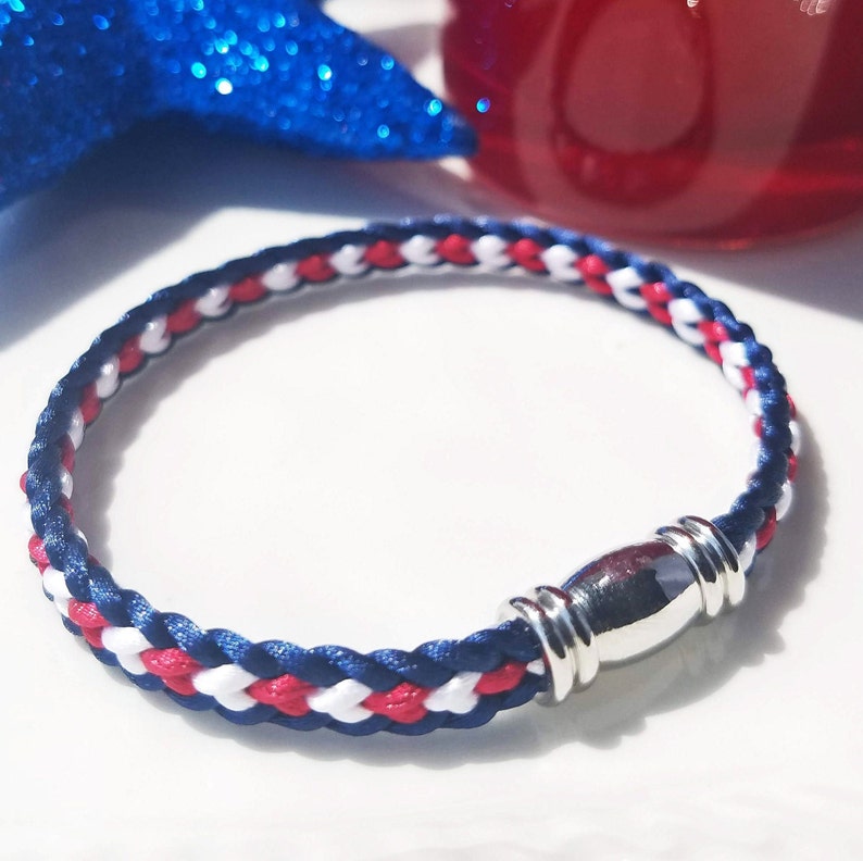 USA 4th of July Independence Day Bracelet: Hand-woven flat braid satin thread in red white and blue color with a silver-plated accent clasp. image 8