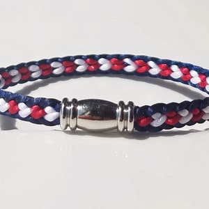 USA 4th of July Independence Day Bracelet: Hand-woven flat braid satin thread in red white and blue color with a silver-plated accent clasp. image 6