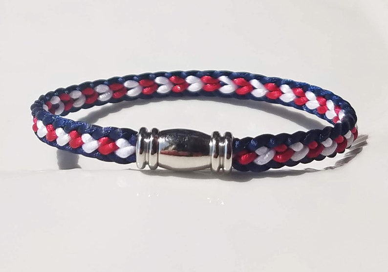 USA 4th of July Independence Day Bracelet: Hand-woven flat braid satin thread in red white and blue color with a silver-plated accent clasp. image 6
