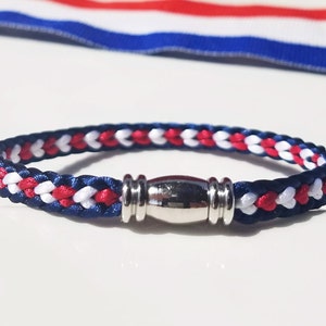 USA 4th of July Independence Day Bracelet: Hand-woven flat braid satin thread in red white and blue color with a silver-plated accent clasp. image 5