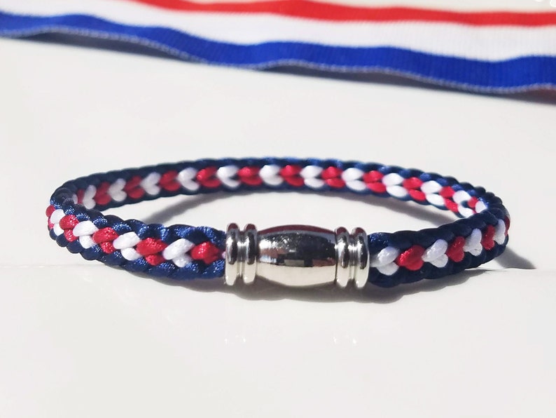 USA 4th of July Independence Day Bracelet: Hand-woven flat braid satin thread in red white and blue color with a silver-plated accent clasp. image 5