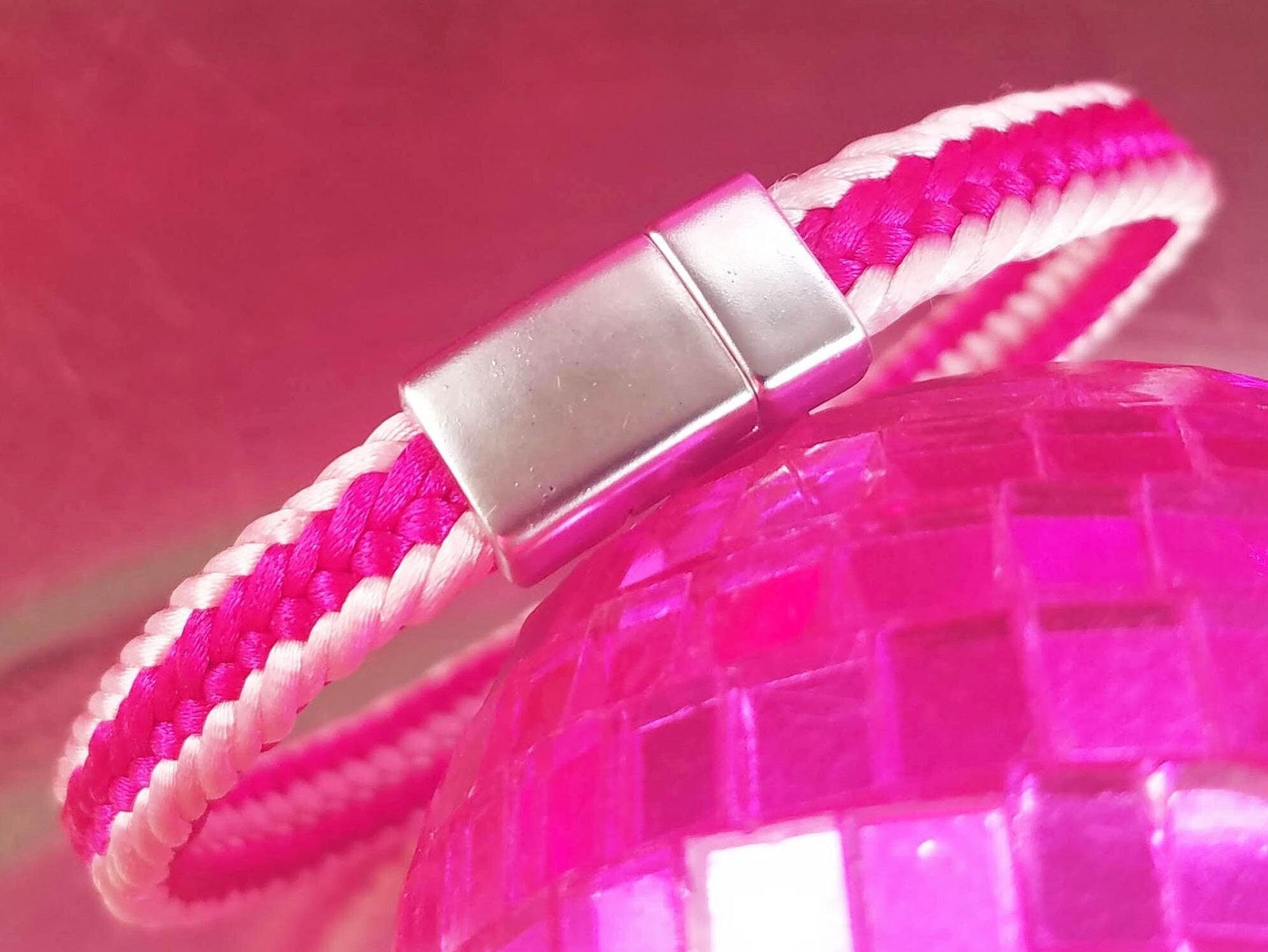 Pink bracelet for Breast Cancer Awareness month, hand-woven satin thread trapezoid braid, matte silver strong magnetic clasp, 7 custom sizes